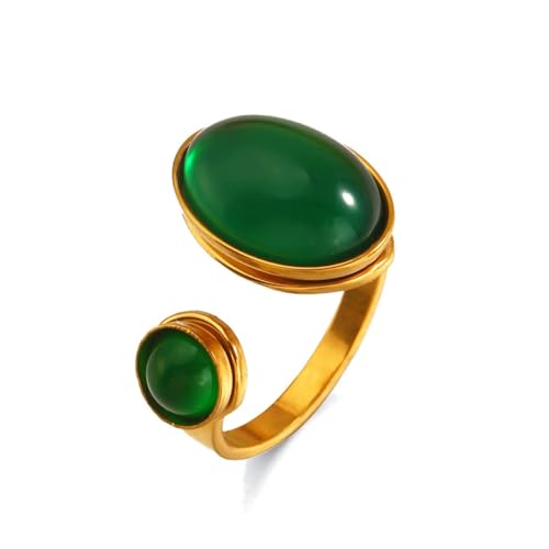 Dtja Double Green Stone Statement Ring for Women Gold Plated Adjustable Expandable Round Oval Birthstone Open Wrap Finger Rings Retro Birthday Anniversary Jewelry