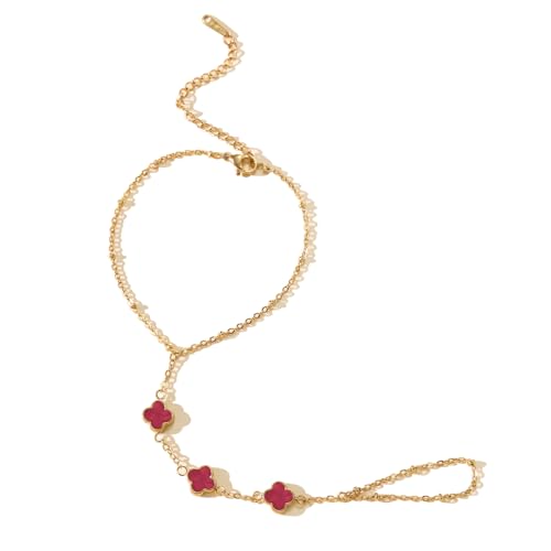 Hand Chain Bracelets for Women 14K Gold Plated Dainty Link Bracelet Bracelets Trendy Ring Bracelet Birthday Jewelry Gifts for Women - style: Red Clover