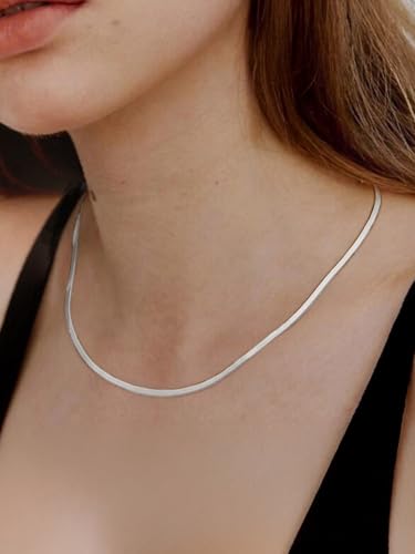 ChainsHouse Flat Snake Chain Herringbone Choker Necklace for Women, Stainless Steel/Rose Gold/18K Gold Plated Dainty Adjustable Simple Short Layered Necklaces, 12"/15"/18" with 3.5" Extender - color: b. sterling silver-3mm