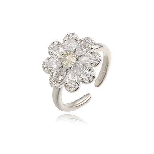 NewZenro Rhinestone Flower Adjustable Open Rings for Women Silver/Gold Plated Sparkling Crystal Floral Statement Finger Band Wrap Rings Comfort Fit Dainty Wedding Jewelry - color: Silver