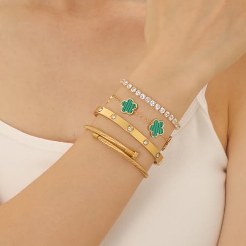 Gold Bracelets for Women, 18K Gold Plated Women Tennis Bracelets Clover Nail Love Bangle Bracelet Set, Gold Bracelet Stackable Set Trendy Jewelry, Gifts for Women's Day and Mother's Day - color: 07-Color-green