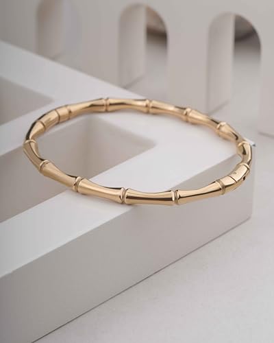 Gold Bamboo Bangle Bracelet for Women – 18K Gold Plated Stainless Steel Slip-On Oval Bangle – Hypoallergenic Waterproof Tarnish Resistant – Minimalist Stackable Jewelry – Gift for Her