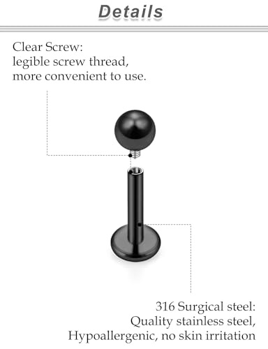20G 18G 16G 14G 12G Lip Labret Medusa Monroe Rings Studs 316L Surgical Steel Flat Back Tragus Helix Cartilage Earring Stud Piercing Jewelry Bar Length 8mm 10mm 12mm Mix Color 18PCS - color: Black, size: 18G(1.0mm)-6/7/8mm Bars-3mm Balls
