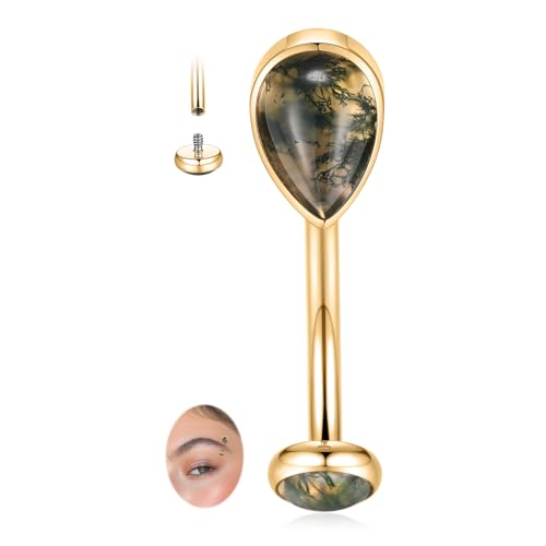 PEAKLINK G23 Titanium Eyebrow Ring 16G Rook Daith Tragus Helix Piercing Internal Threaded Curved Barbell Vertical Labret Lip Jewelry Small Belly Button Ring - color: Gold with Moss Agate