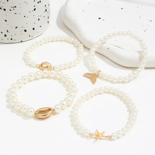 Pearl Bracelets for Women Simulated Pearl Beaded Bracelet White Pearls Stackable Stretch Bracelet Set Multilayered Elastic Pearls Bracelets for Women Bridesmaid Bridal Jewelry - color: gold starfish