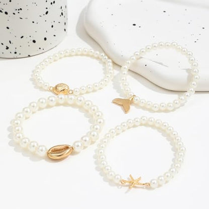 Pearl Bracelets for Women Simulated Pearl Beaded Bracelet White Pearls Stackable Stretch Bracelet Set Multilayered Elastic Pearls Bracelets for Women Bridesmaid Bridal Jewelry - color: gold starfish