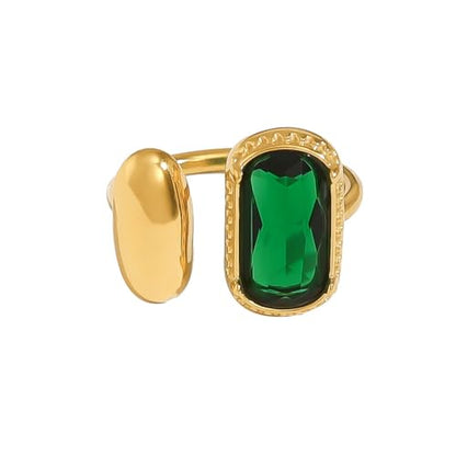 Elegant Gemstone Geometric Statement Rings for Women Gold-Tone Plated Stainless Steel Open Band Dainty Wedding Open Adjustable Middle Thumb Ring Cocktail Prom Party Trendy Jewelry for Girlfriend - color: Green