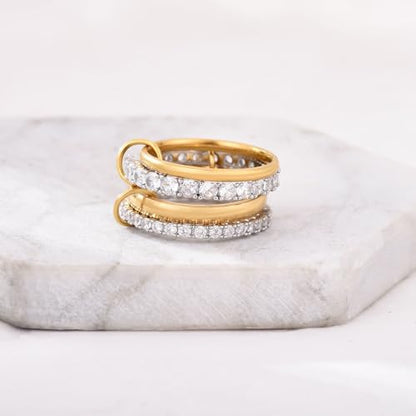 14K Gold Plated Stackable Rings for Women – 4-Piece Mixed Metal Ring Stack Set with Cubic Zirconia, Gold Silver Stacked, Two Tone Connected, Interlocking Statement Jewelry, Size 10