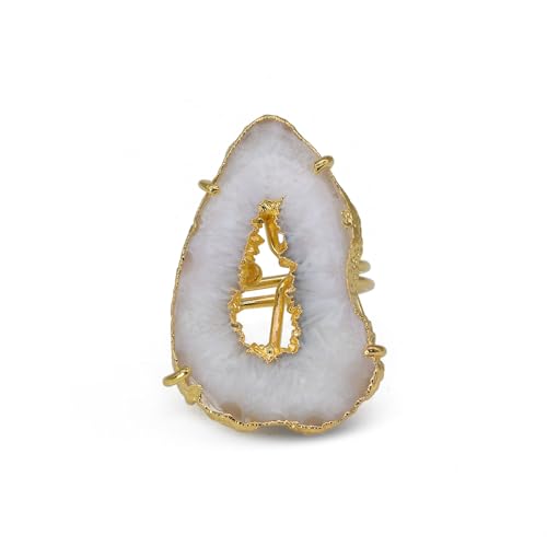 Ring Geode Druzy Slice Unique And Stylish Statement Gold Plated Jewelry Natural Gemstone Stone size 25-35 mm Approximately Adjustable Shank US Scale Size 6-9 - color: White