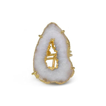 Ring Geode Druzy Slice Unique And Stylish Statement Gold Plated Jewelry Natural Gemstone Stone size 25-35 mm Approximately Adjustable Shank US Scale Size 6-9 - color: White