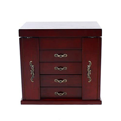 Large Wooden Jewelry Box with Built-in Mirror, 5 Drawers Jewelry Case with Side Organizer, Watches Necklace Ring Storage Box for Women