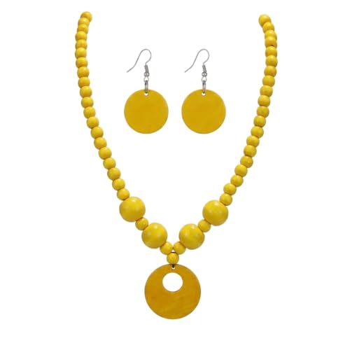 Soyzvteo Boho Wooden Beaded Necklace Earring Set Chunky Statement Costume Jewelry Retro Ethnic Accessories for Women - color: Yellow