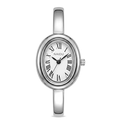 Women's Oval Bangle Watch, Elegant Open-Cuff Bracelet Wrist Watch with Roman Numeral Dial, Minimalist Luxury Fashion Quartz Watch for Ladies - color: Silver/White