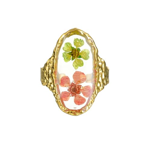 Hebelee Handmade Dried Flower Statement Ring for Women | Gold-Toned Stainless Steel,Adjustable,Pressed Blossom Forget-Me-Not Flowers Open Band Rings,Wedding Holiday Jewelry - color: Hammered Oval