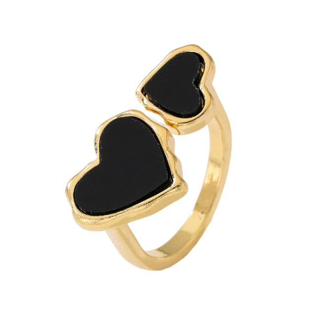 Retro Enamel Double Hearts Open Statement Ring for Women Fashion Simple Asymmetry Love Hearted Wrap Finger Knuckle Adjustable Bands Rings Gold Plated Wedding Eternity Promise Engagement Jewelry - color: Black