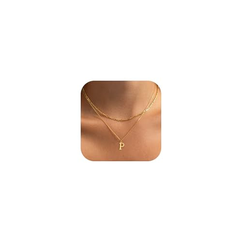 Initial Necklaces for Women Dainty Gold Silver Layered Letter Pendant Necklace Cute Figaro Chain Choker Necklace Personalized Trendy Stuff Jewelry Stack Gift for Women Her - color: Gold, style: P