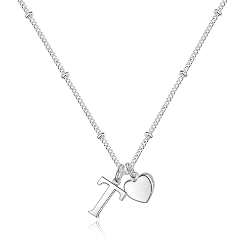 Heart Initial Necklaces for Girls, Letter A-Z Silver Necklace | Silver Plated, Heart Initial Necklaces for Girls, Necklace for Women, Teen Girl Gifts, Dainty Heart Necklaces, Birthday Gifts - color: T