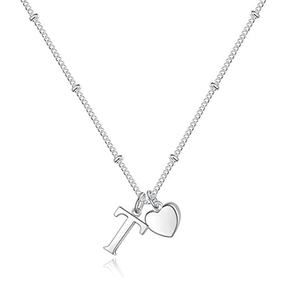 Heart Initial Necklaces for Girls, Letter A-Z Silver Necklace | Silver Plated, Heart Initial Necklaces for Girls, Necklace for Women, Teen Girl Gifts, Dainty Heart Necklaces, Birthday Gifts - color: T