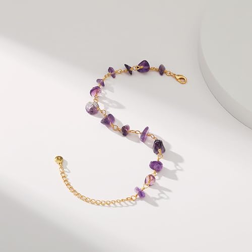 Dainty Gold Bracelets for Women, 18 Gold Plated Adjustable Evil Eye/Butterfly/Beaded/Pearl/Heart/Turquoise Handmade Bracelet for Women - style: Amethyst