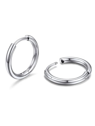 PROSTEEHoop Earrings for Men Women Stainless Steel Silver/Black/14K Gold | Waterproof & Lightweight Sleeper Small Huggie Earring Hypoallergenic Post Cartilage Piercing Jewelry for Mens Dad Gift Box - color: A. Round-Silver, size: 12mm