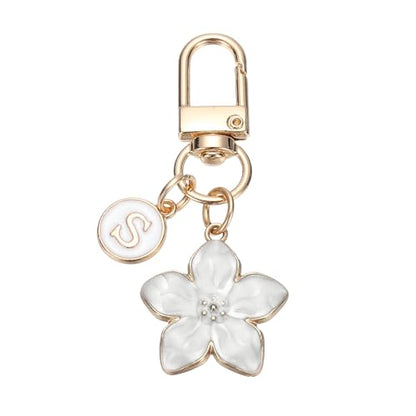 PATIKIL Flower Initial Keychain, Letter Keychain Charm Graceful Flower with Letter for Women Pendant Key - color: White