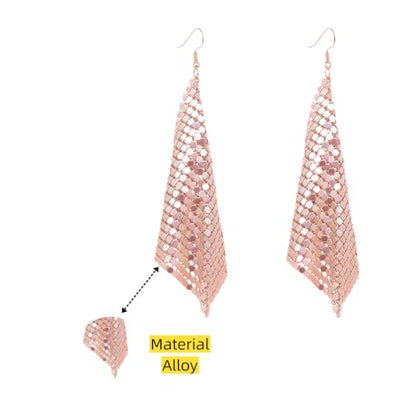 Mesh Sequin Tassel Long Drop Earrings for Women, Lightweight Metal Grid Fringe Dangle Earrings, Colorful Sparkly Alloy Wedding Bridal Party Jewelry (1 pair) - color: Rose Gold