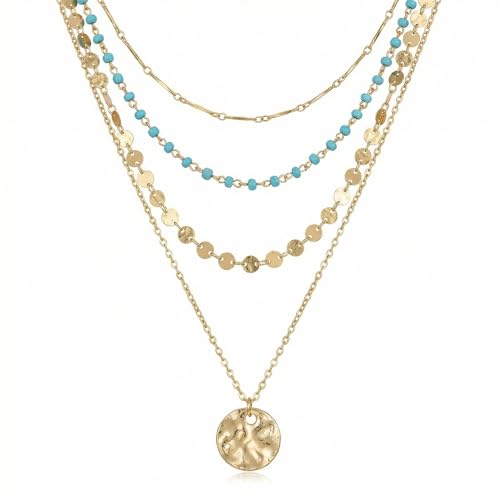 Boho Necklaces for Women, Layered Gold Coin Necklace Set, Bohemian Style Jewelry Collection, Four Piece Layered Chain Design, Gold Tone Metal Construction, Versatile Everyday Accessories - color: Gold A