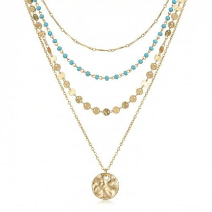 Boho Necklaces for Women, Layered Gold Coin Necklace Set, Bohemian Style Jewelry Collection, Four Piece Layered Chain Design, Gold Tone Metal Construction, Versatile Everyday Accessories - color: Gold A