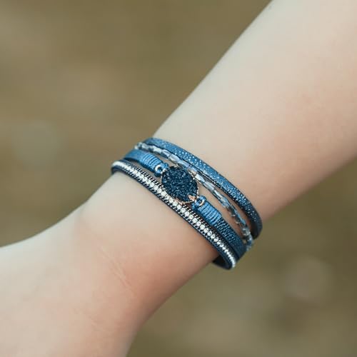 Boho Chunky Leather Wrap Bracelets Stackable Beaded Western Country Jewelry | Crystal Bead Trendy Layered Cuff Magnetic Clasp Stack Bohemian Statement Costume Outfits Cowgirl Fashion Hippie Accessories - color: Navy Blue, size: 7.7"