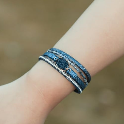 Boho Chunky Leather Wrap Bracelets Stackable Beaded Western Country Jewelry | Crystal Bead Trendy Layered Cuff Magnetic Clasp Stack Bohemian Statement Costume Outfits Cowgirl Fashion Hippie Accessories - color: Navy Blue, size: 7.7"