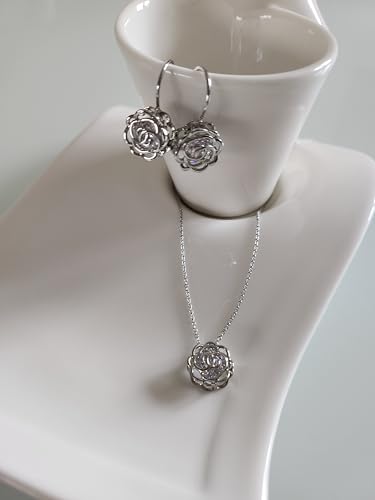 Women 18K Gold Plated White Crystal Roses Flowers Necklace and Earrings Set for Women Wedding Party Bridal Bridesmaid Accessories - color: Silver