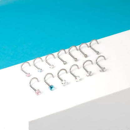 ONESING 9-40 Pcs Nose Rings - Hoops, Studs & L Shape - Hypoallergenic Stainless Steel Nose Piercings for Women & Men - color: Silver-14 Pcs