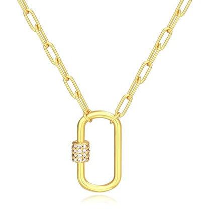 Chunky Gold Necklace for Women, 18K Waterproof Heart Necklace Statement Necklace Gold Charm Necklace Chunky Jewelry Paperclip Chain Choker Gift for Women - style: Oval Lock Carabiner