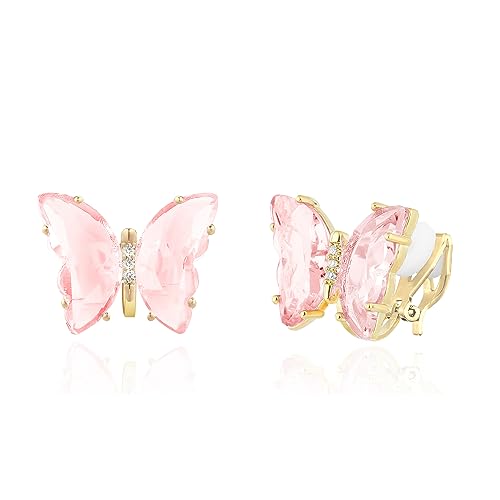 YOQUCOL Butterfly Shape Crystal Clip On Earrings Non Pierced Golden Stud for Women - color: Pink