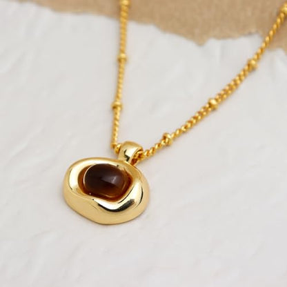 Jean Beau Gold Stone Pendant Necklaces for Women, Chunky Gemstone Dangle Necklace Wedding Prom Fashion Jewelry Gift - color: Brown