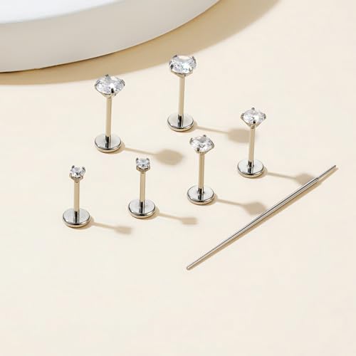 Gotumo 20G Flat Back Earrings Stud G23 Titanium Threadless Tragus Labret Cartilage Lip Medusa Conch Body Piercing Jewelry Hypoallergenic for Women Men - color: Silver 16G Bar-6/7/8mm&CZ-2/3/4mm