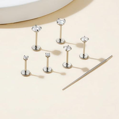 Gotumo 20G Flat Back Earrings Stud G23 Titanium Threadless Tragus Labret Cartilage Lip Medusa Conch Body Piercing Jewelry Hypoallergenic for Women Men - color: Silver 16G Bar-6/7/8mm&CZ-2/3/4mm
