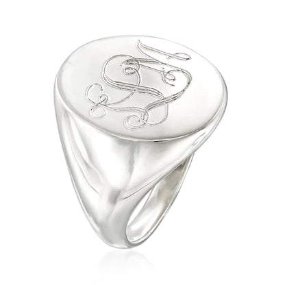 Personalized Classic Monogrammed Signet Initial Ring for Men 925 Silver/10K/14K/18K Gold Monogram Letters Statement Ring Birthday Christmas Gifts - color: White Gold