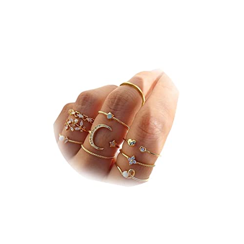 HUASAI Gold Stackable Rings Set for Women Boho Dainty Moon Star Pearl Leaf Cubic Zirconia Heart Midi Pinky Trendy Jewelry Birthday Gifts - color: R Gold Moon Star Rings 10 Pcs
