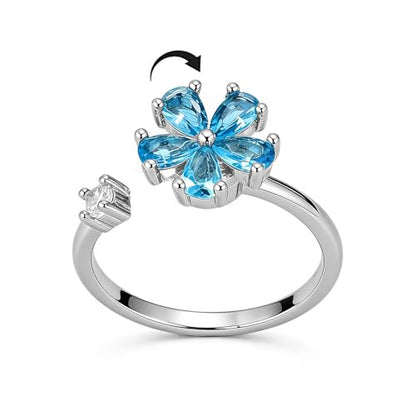 Rotating Blue Flower Fidget Rings for Women Sparkling Imitation Crystal Floral Open Stackable Adjustable Anxiety Spinner Ring Eternity Promise Wedding Band Comfort Fit Relieving Stress ADHD Jewelry