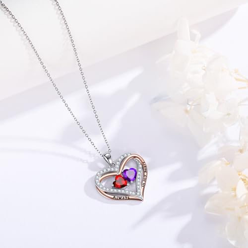 Heart Birthstone Necklace for Women 14K Rose Gold/White Gold Filled Overlapping Double Hearts Pendant Anniversary Valentine's Day Birthday Mother's Day Christmas Gifts for Wife Mom Daughter Her - color: 01-02-Jan-Feb Birthstone-A, style: Double-Layered Lo