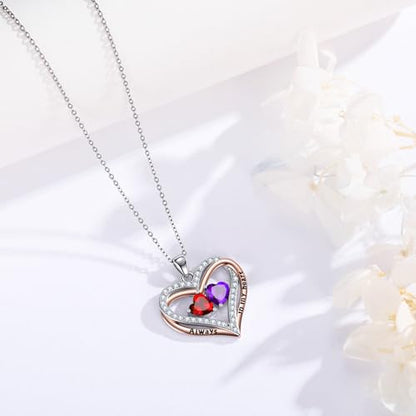 Heart Birthstone Necklace for Women 14K Rose Gold/White Gold Filled Overlapping Double Hearts Pendant Anniversary Valentine's Day Birthday Mother's Day Christmas Gifts for Wife Mom Daughter Her - color: 01-02-Jan-Feb Birthstone-A, style: Double-Layered Lo