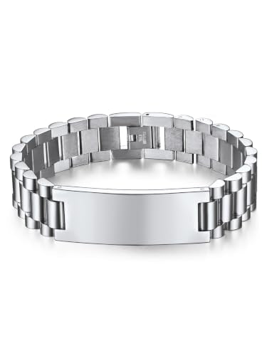 ChainsHouse Men Stainless Steel Bracelet Adjustable Custom ID Engraved Gift | Personalized Silver/Gold/Black for Birthday Father Husband Boyfriend with Gift Box Adjustable Tool 10mm/15mm/15.5mm 8.3"/8.7" - color: C.15mm Width-Silver-No Custom