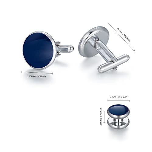 wynameleri Mens Cufflinks and Studs Set Blanks Round 4 Colors Shirt Tuxedo Buttons Packed in Cufflink Box for Business Wedding Jewelry - color: Navy Blue