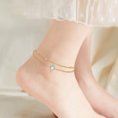 Moonstone Bracelet for Women 925 Sterling Silver Moonstone Bracelet Adjustable Jewelry Gift for Women - style: Star Stacked Anklet - Gold