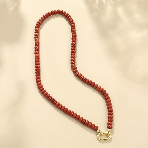 CONRAN KREMIX Colorful Stone Beaded Necklace for Women,Natural Gemstone Bead Choker Necklaces Boho Summer Beach Layering Necklace Jewelry Gift for Women - color: Brick Red