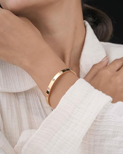 Gold Crystal Hinged Bangle Bracelet for Women – Stainless Steel Bezel Set Cubic Zirconia – Hypoallergenic Waterproof – Minimalist Stackable Jewelry – Gift for Her Backend: crystal hinged bangle gold cuff bezel cubic zirconia stackable bangle minimalist pu