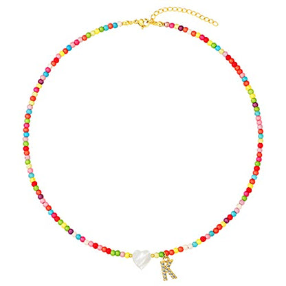 MJartoria Initial Necklaces for Women, Colorful Beaded Necklace, Shell Beach Necklace Letter Choker Handmade Jewelry Gifts - style: K