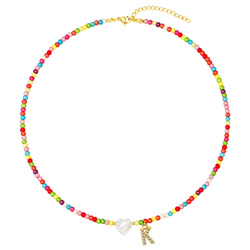 MJartoria Initial Necklaces for Women, Colorful Beaded Necklace, Shell Beach Necklace Letter Choker Handmade Jewelry Gifts - style: K