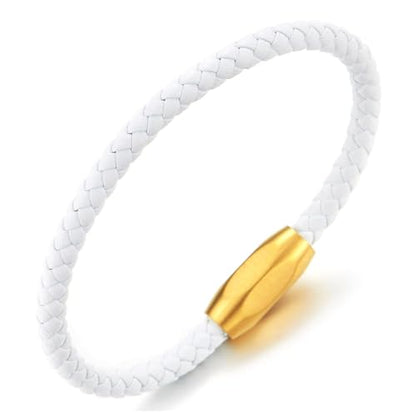 COOLSTEELANDBEYOND Minimalist Mens Women Leather Bracelet, Thin Braided Leather Bangle, Steel Oval Magnetic Clasp - color: E-Color: White